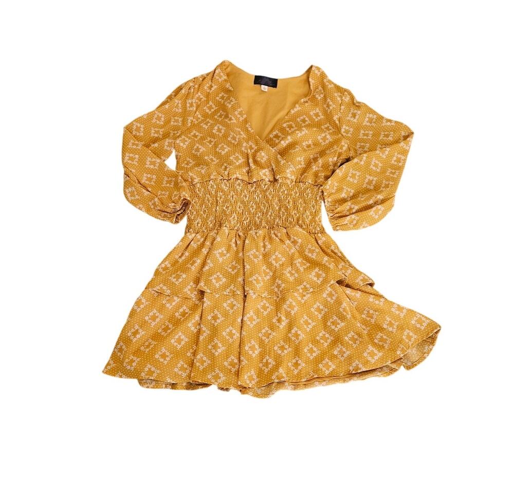 Blue Rain Large Yellow V-Neck Long Sleeve Lined Mini Dress